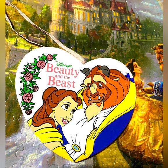 DISNEY’S BEAUTY & THE BEAST VTG 90s KURT ALDER HANDCRAFTED WOODEN XMAS ORNAMENT - Picture 1 of 7